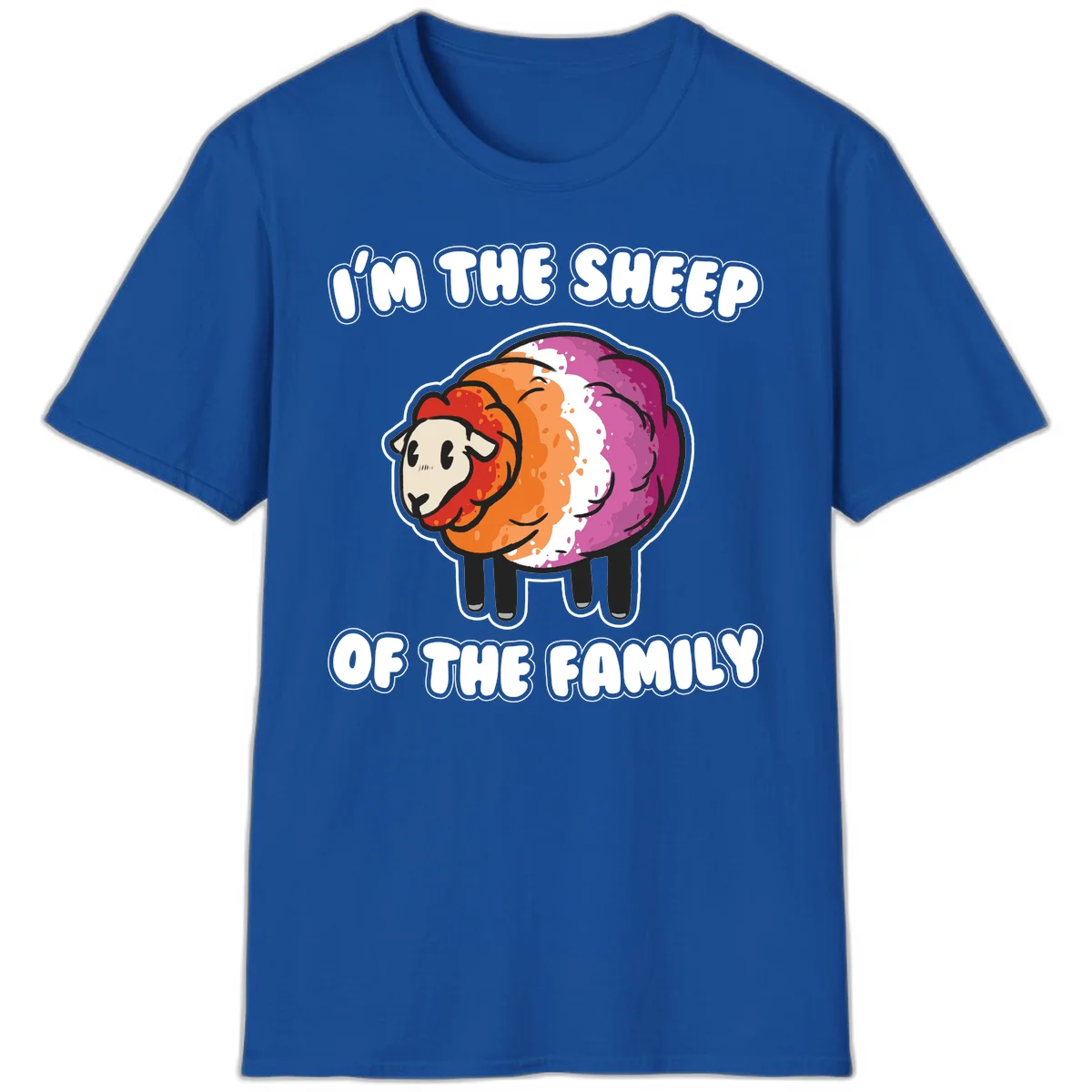 Colorful cartoon sheep with rainbow wool stripes and text 'I'm The Sheep Of The Family' on gray background in Royal