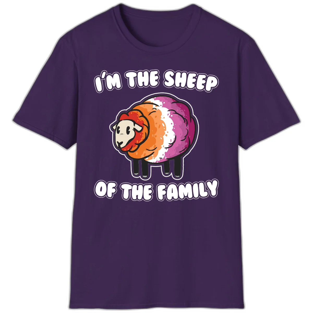 Colorful cartoon sheep with rainbow wool stripes and text 'I'm The Sheep Of The Family' on gray background in Purple