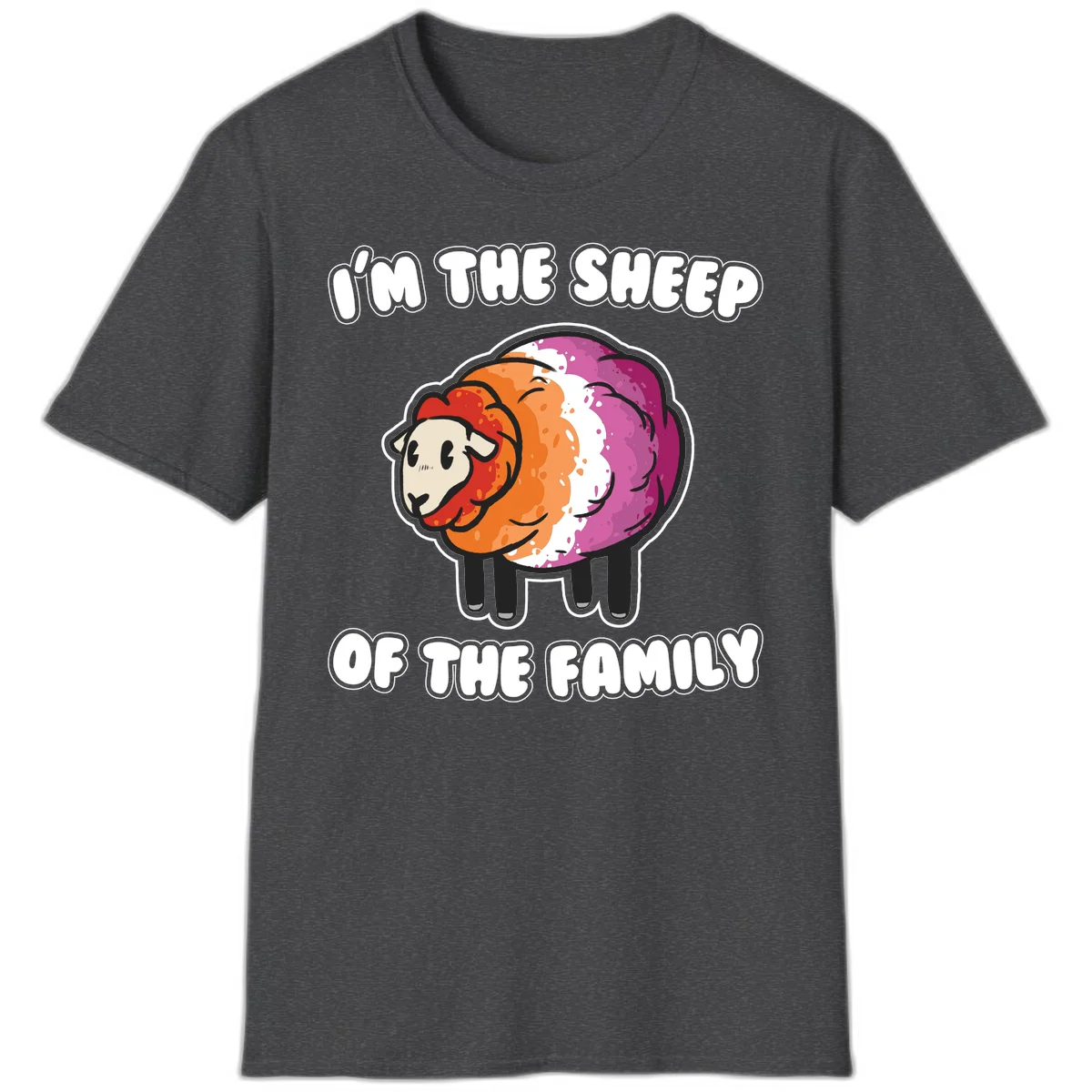 Colorful cartoon sheep with rainbow wool stripes and text 'I'm The Sheep Of The Family' on gray background in Dark Heather