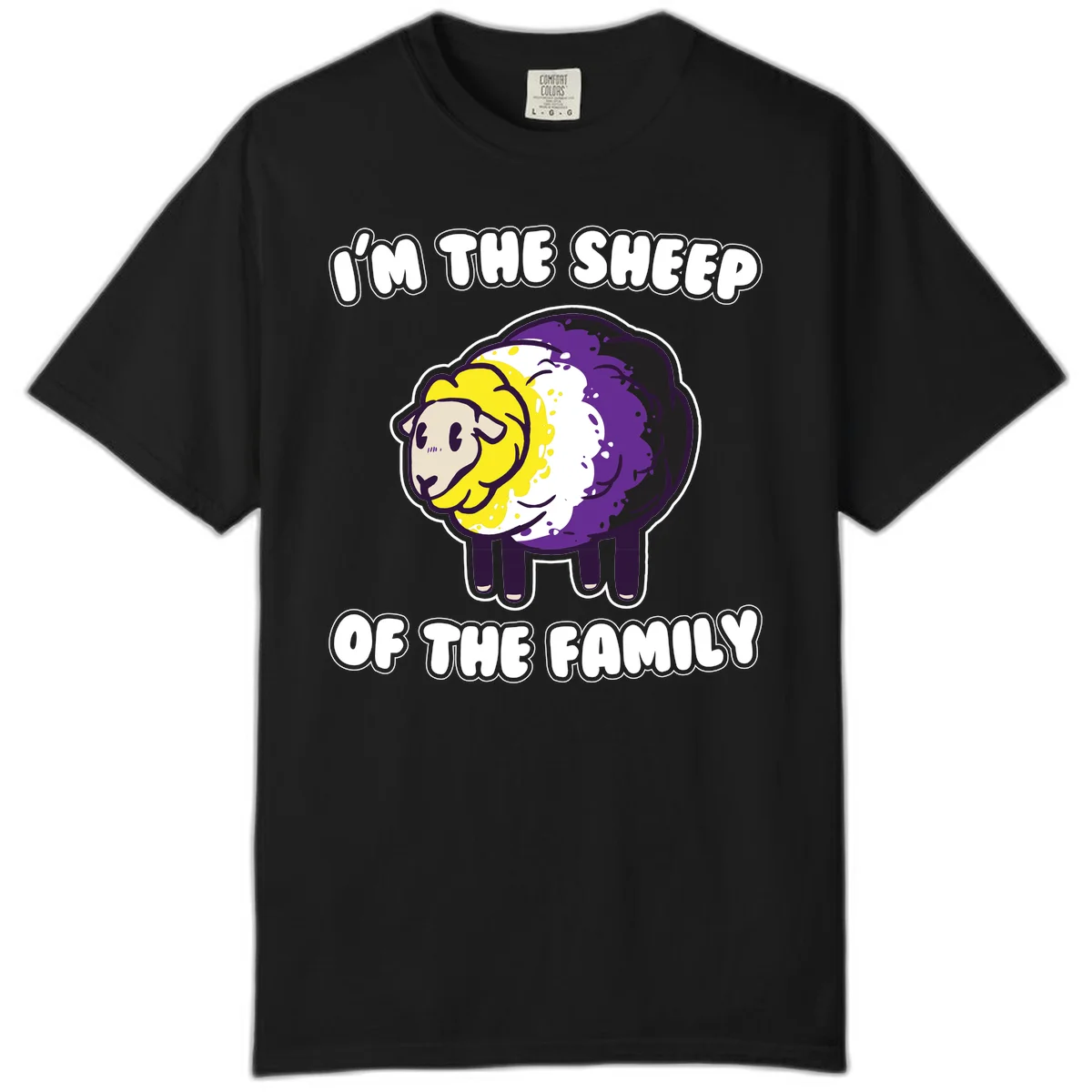 Cartoon sheep with yellow, white, and purple wool wearing text 'I'm The Sheep Of The Family' in bold letters in Black