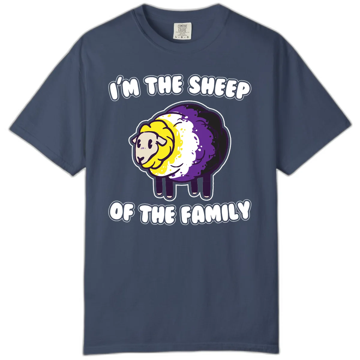 Cartoon sheep with yellow, white, and purple wool wearing text 'I'm The Sheep Of The Family' in bold letters in Midnight