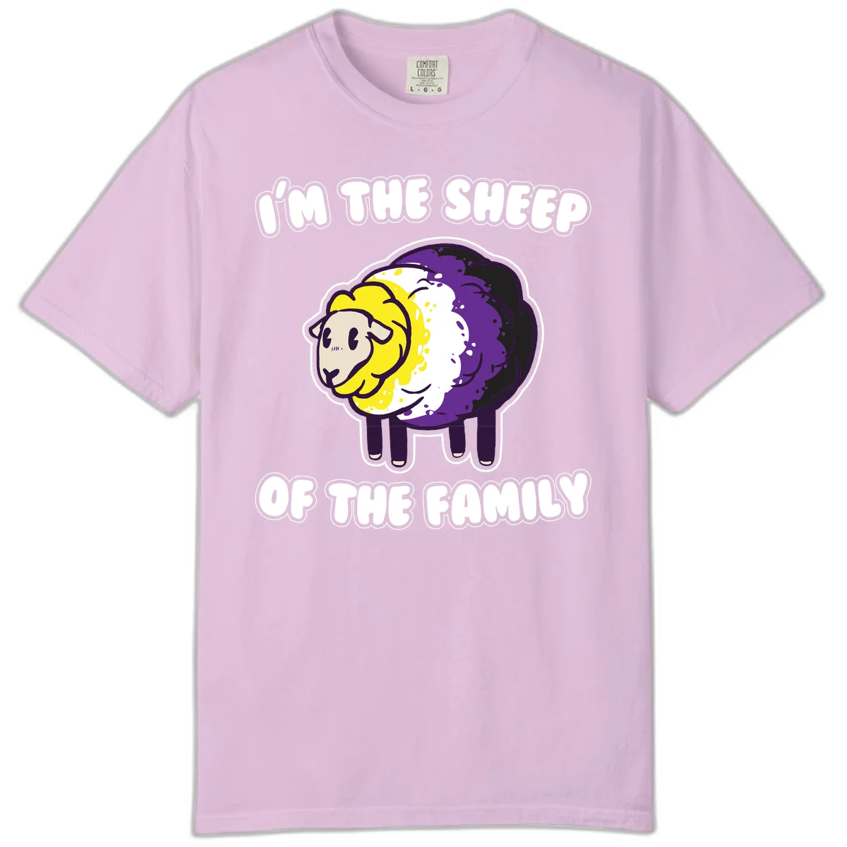 Cartoon sheep with yellow, white, and purple wool wearing text 'I'm The Sheep Of The Family' in bold letters in Orchid