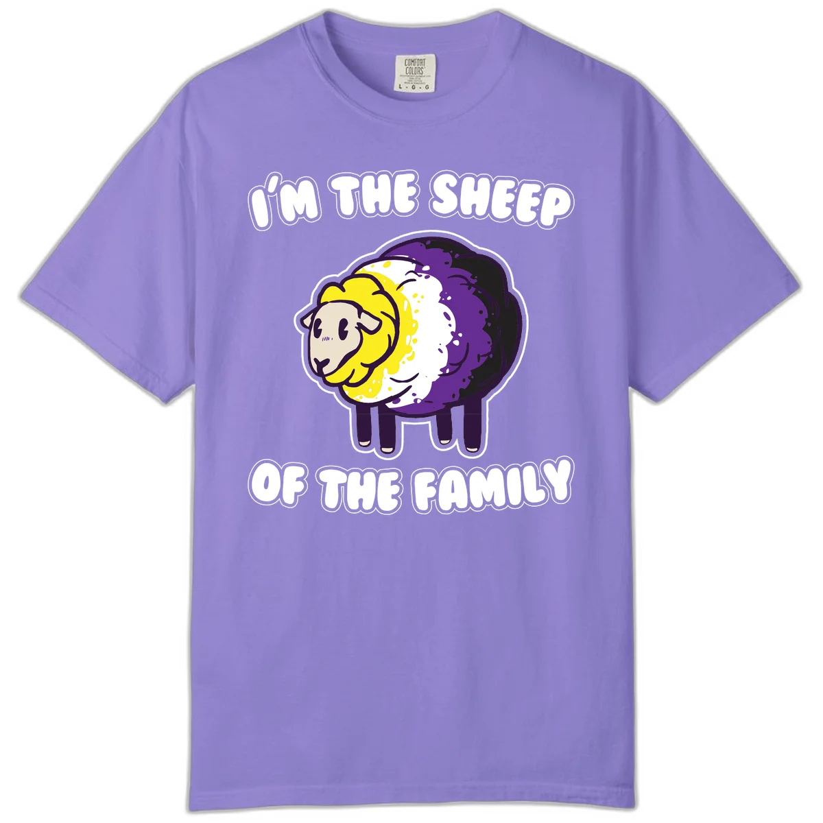 Cartoon sheep with yellow, white, and purple wool wearing text 'I'm The Sheep Of The Family' in bold letters in Violet