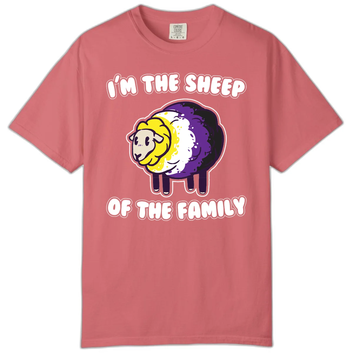 Cartoon sheep with yellow, white, and purple wool wearing text 'I'm The Sheep Of The Family' in bold letters in Watermelon