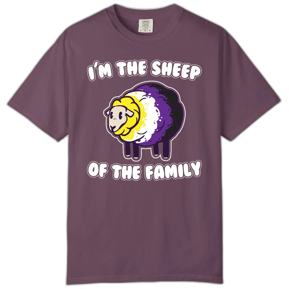 Cartoon sheep with yellow, white, and purple wool wearing text 'I'm The Sheep Of The Family' in bold letters in Berry
