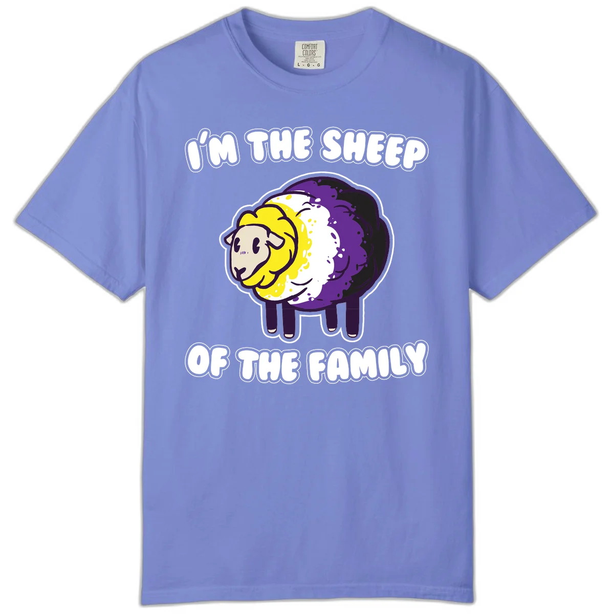 Cartoon sheep with yellow, white, and purple wool wearing text 'I'm The Sheep Of The Family' in bold letters in Flo Blue