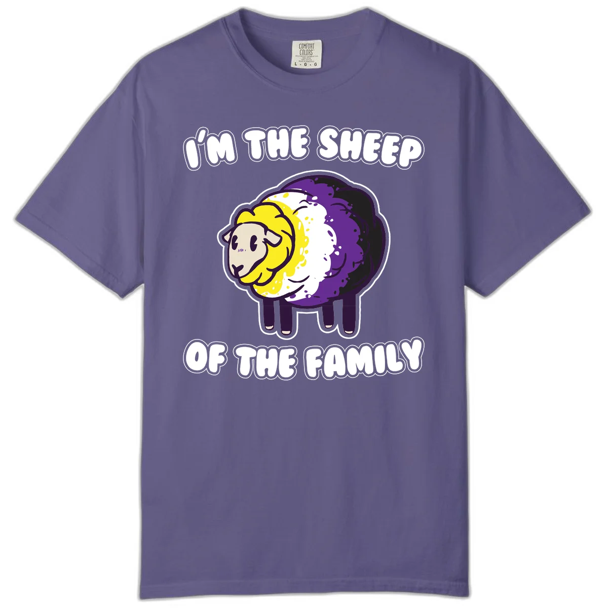 Cartoon sheep with yellow, white, and purple wool wearing text 'I'm The Sheep Of The Family' in bold letters in Grape