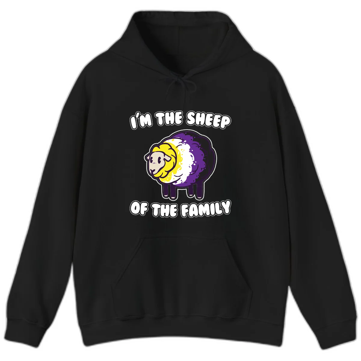 Cartoon sheep with yellow, white, and purple wool wearing text 'I'm The Sheep Of The Family' in bold letters in Black