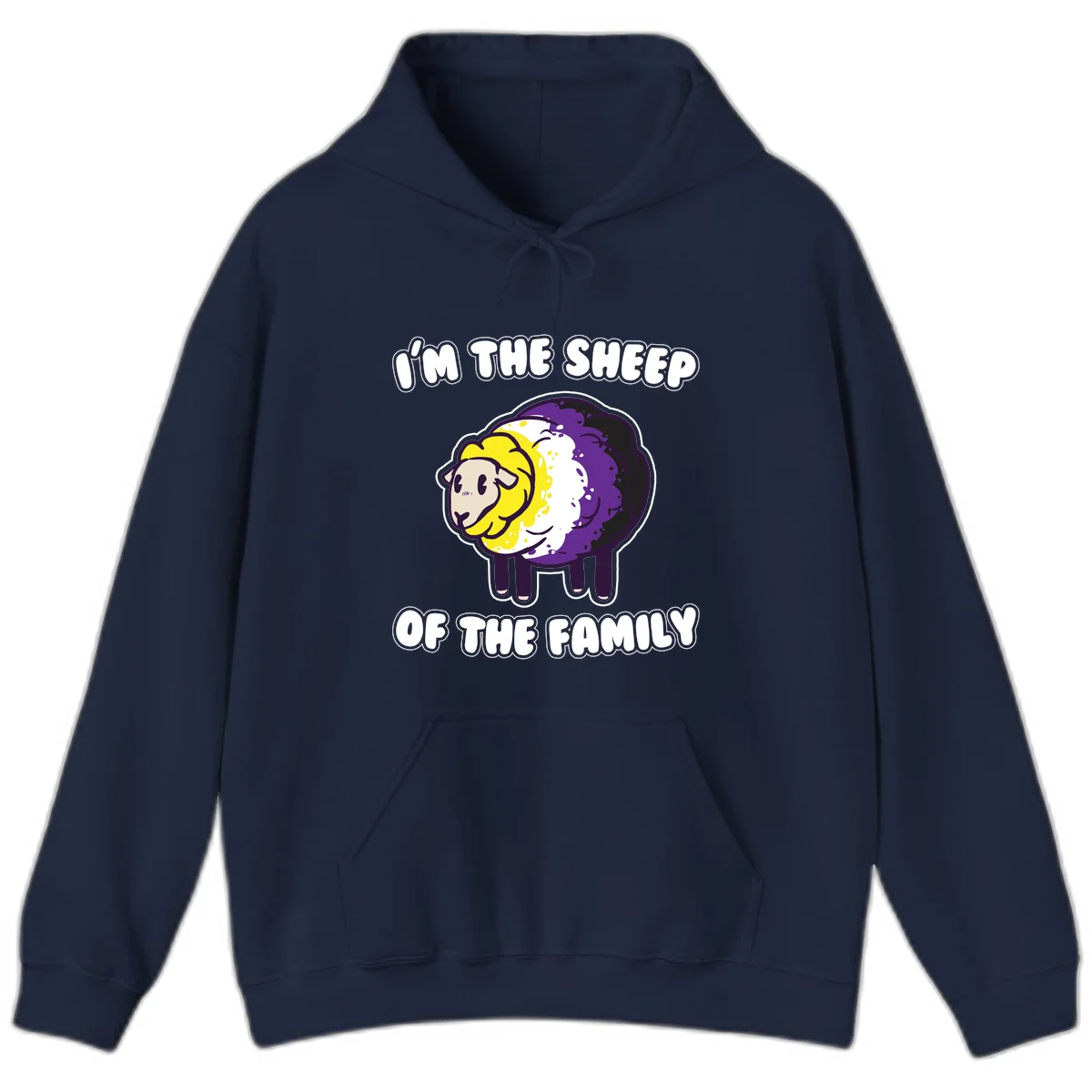 Cartoon sheep with yellow, white, and purple wool wearing text 'I'm The Sheep Of The Family' in bold letters in Navy