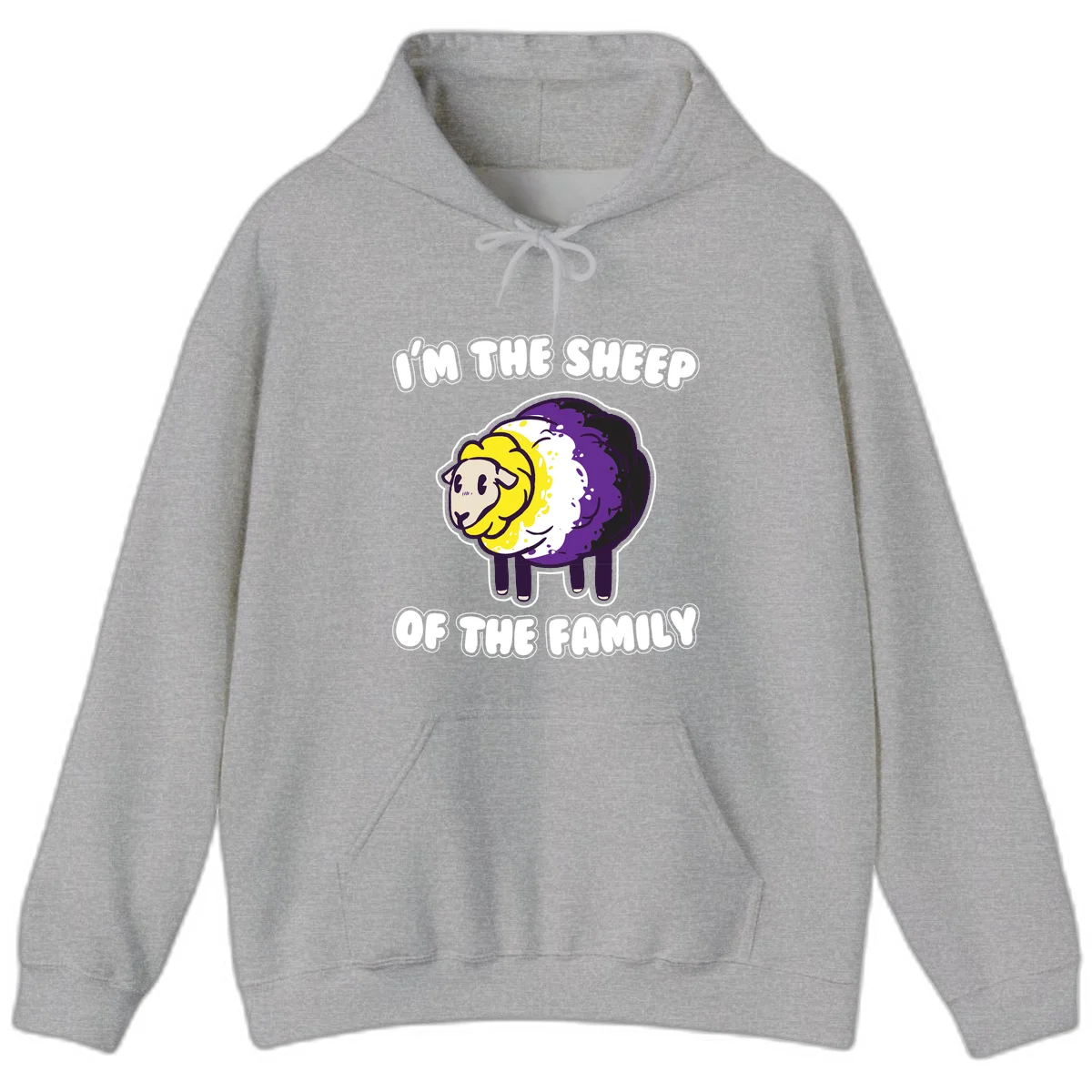 Cartoon sheep with yellow, white, and purple wool wearing text 'I'm The Sheep Of The Family' in bold letters in Sport Grey