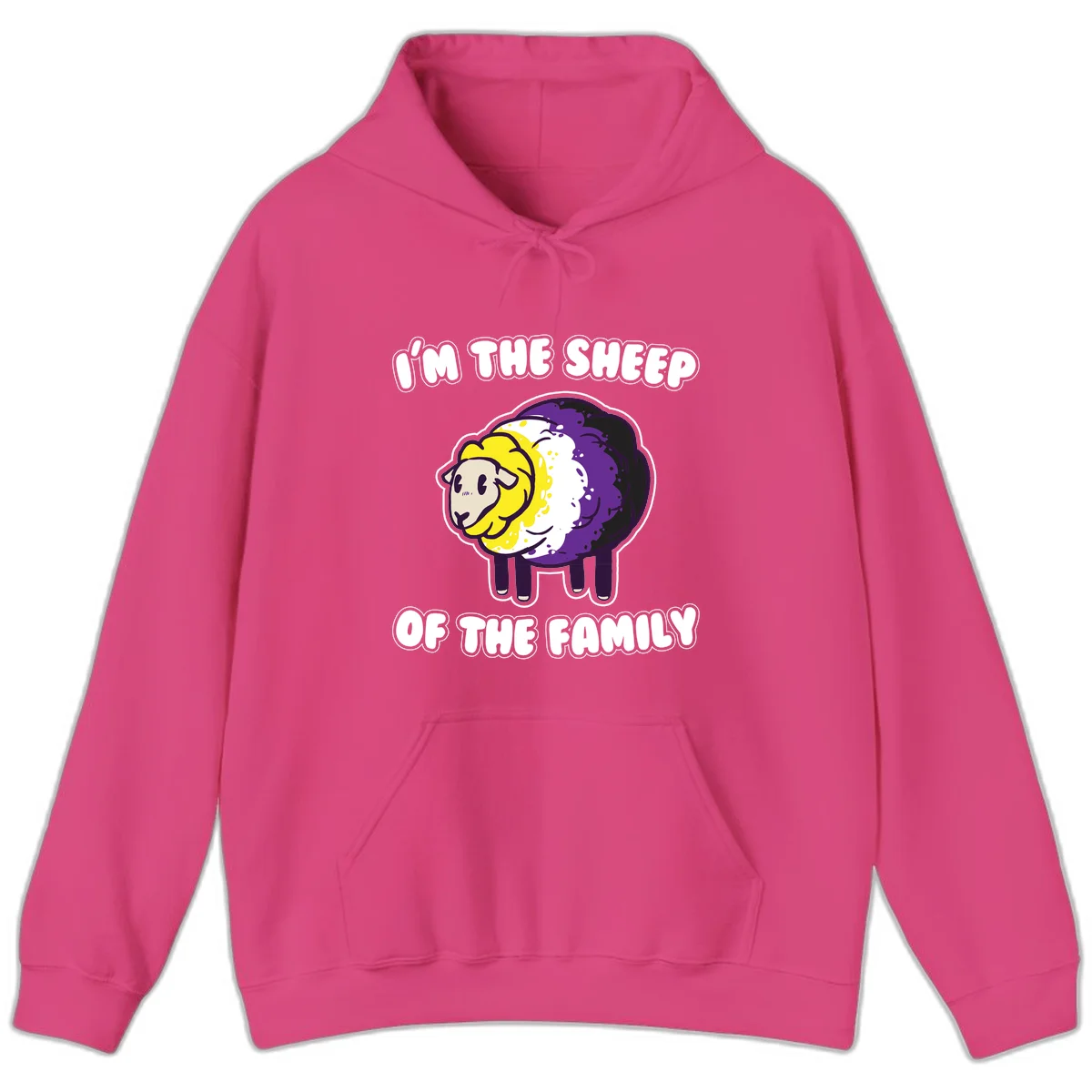 Cartoon sheep with yellow, white, and purple wool wearing text 'I'm The Sheep Of The Family' in bold letters in Heliconia