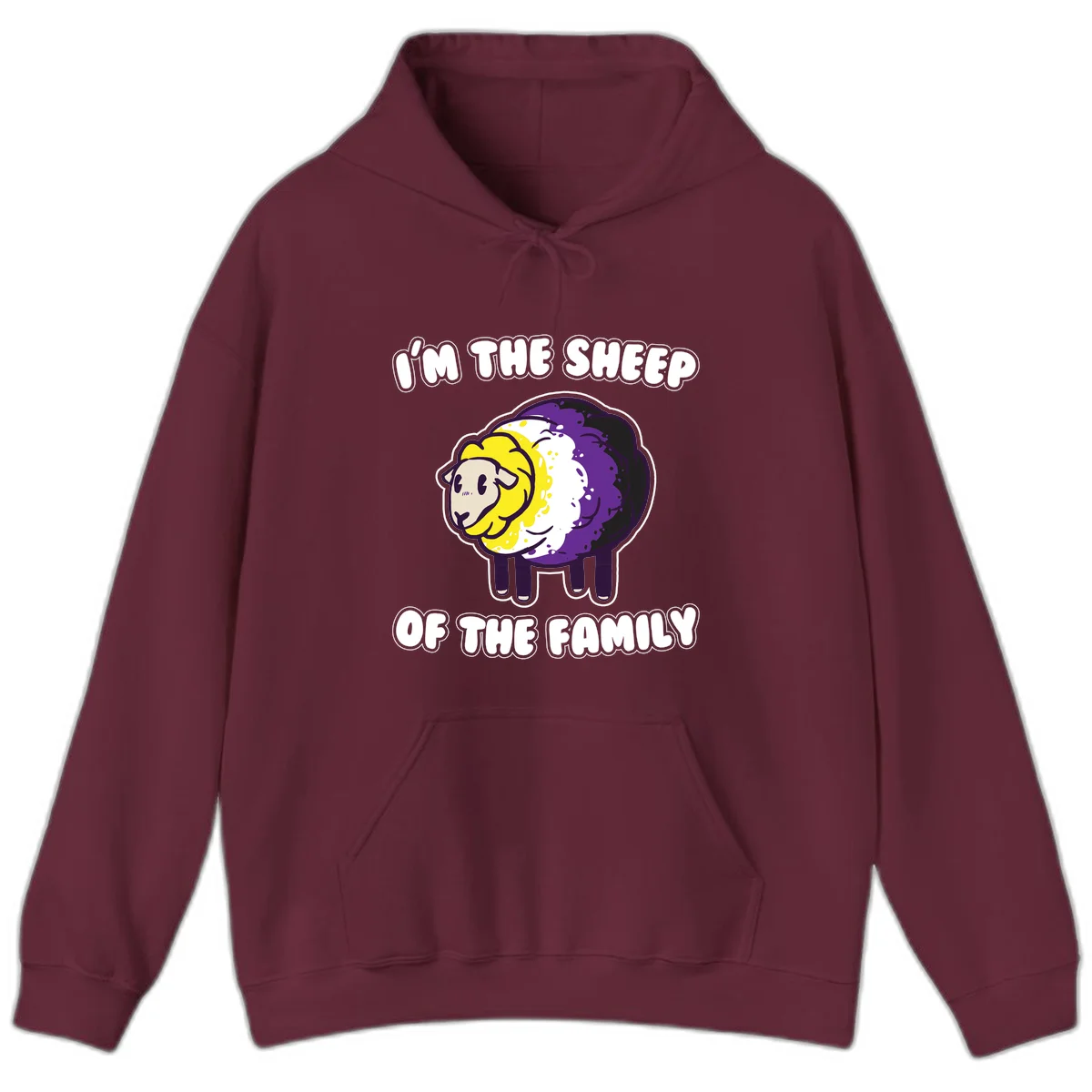 Cartoon sheep with yellow, white, and purple wool wearing text 'I'm The Sheep Of The Family' in bold letters in Maroon