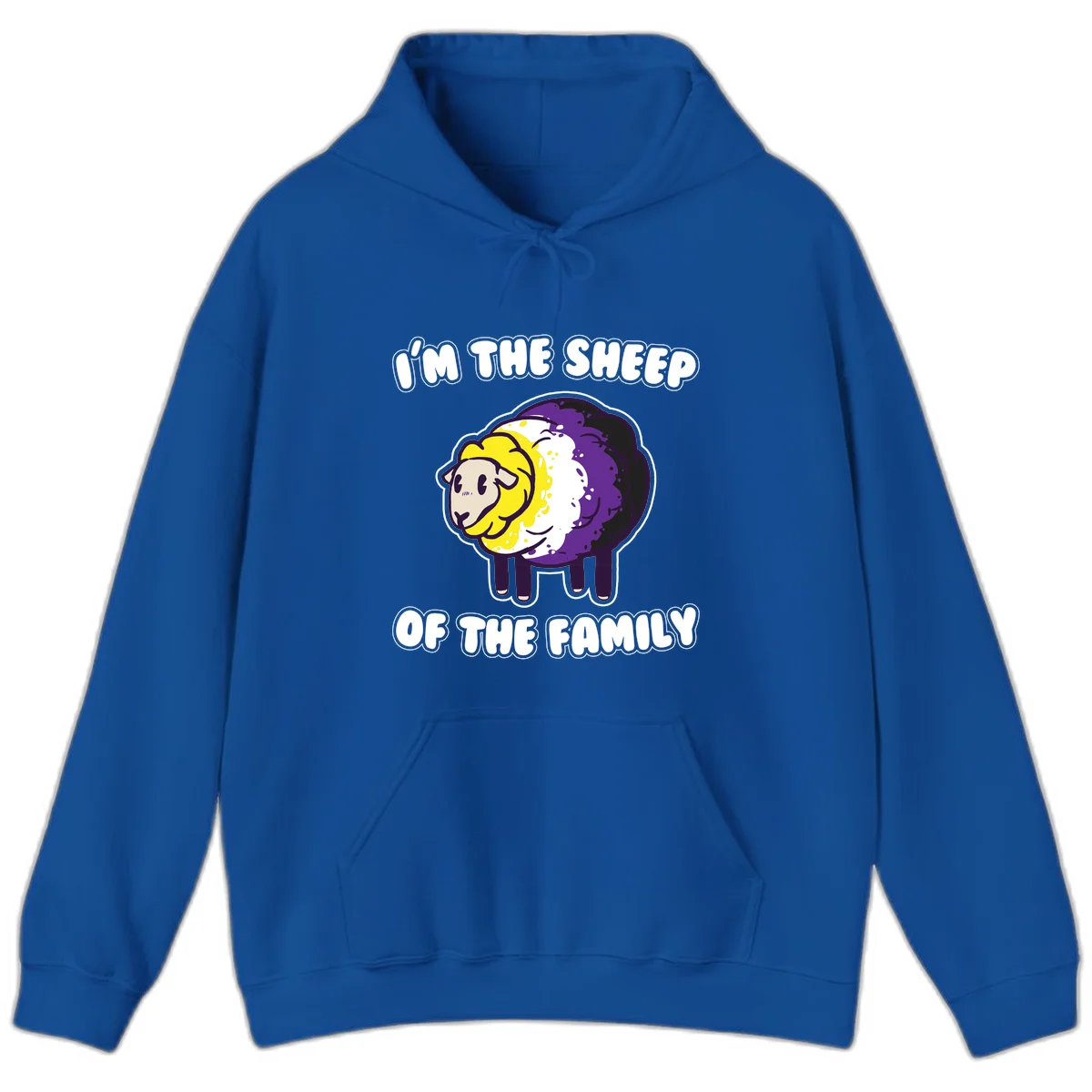 Cartoon sheep with yellow, white, and purple wool wearing text 'I'm The Sheep Of The Family' in bold letters in Royal