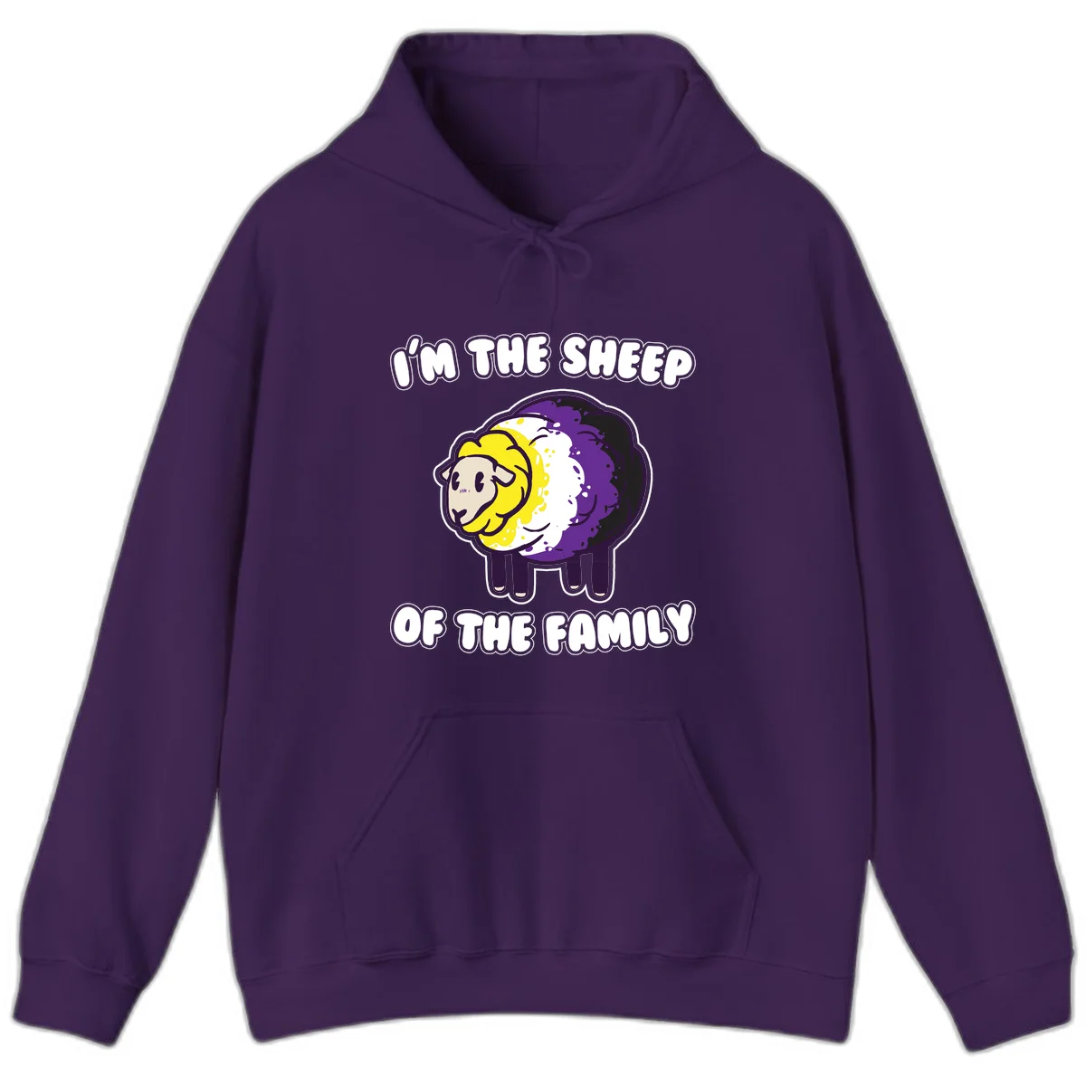 Cartoon sheep with yellow, white, and purple wool wearing text 'I'm The Sheep Of The Family' in bold letters in Purple