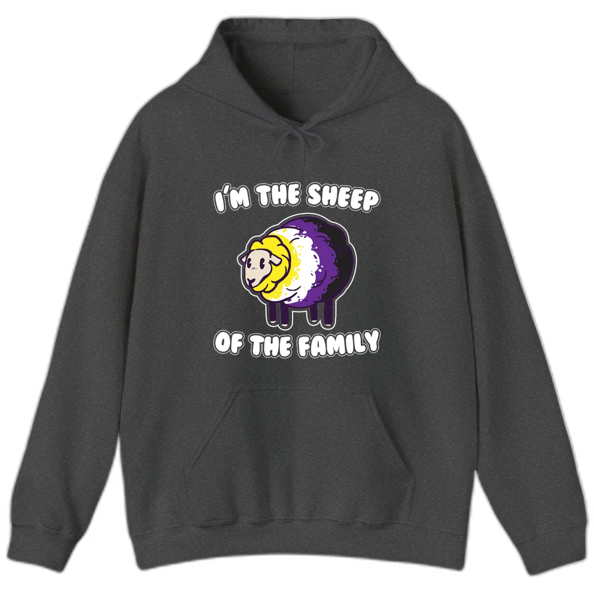 Cartoon sheep with yellow, white, and purple wool wearing text 'I'm The Sheep Of The Family' in bold letters in Dark Heather