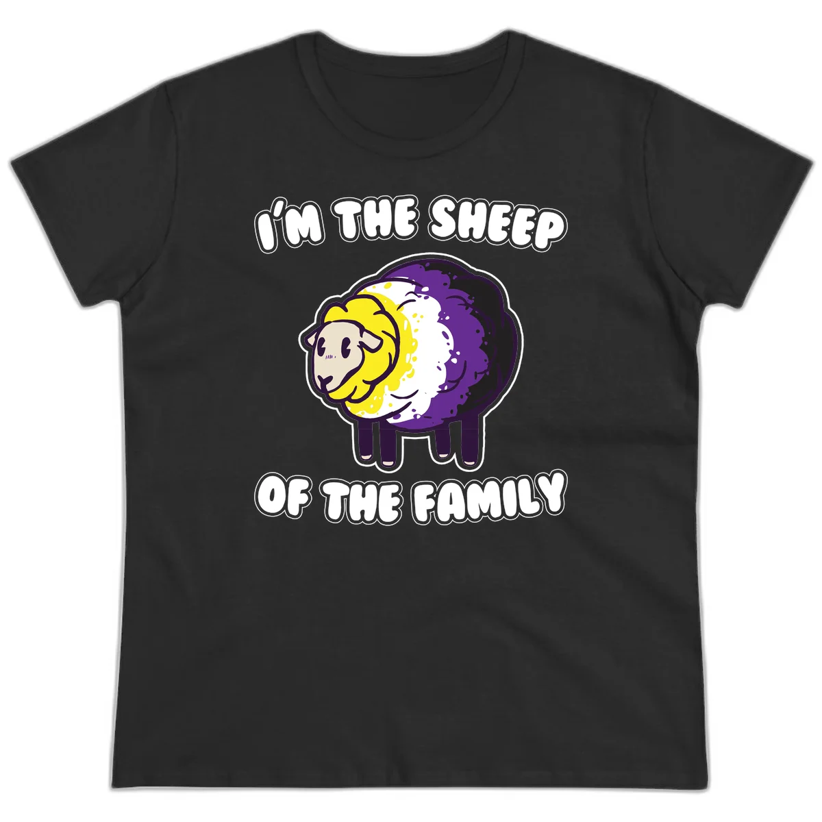 Cartoon sheep with yellow, white, and purple wool wearing text 'I'm The Sheep Of The Family' in bold letters in Black