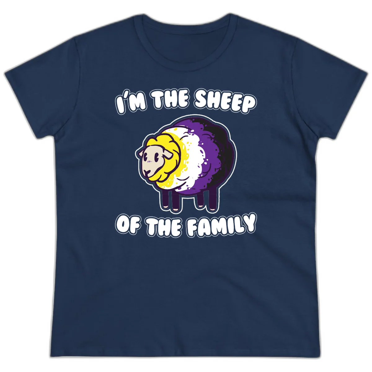 Cartoon sheep with yellow, white, and purple wool wearing text 'I'm The Sheep Of The Family' in bold letters in Navy