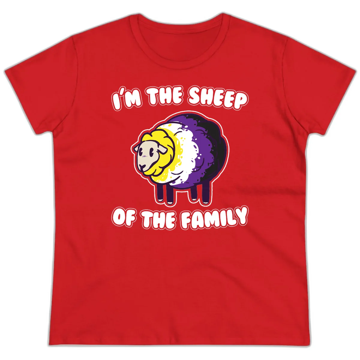 Cartoon sheep with yellow, white, and purple wool wearing text 'I'm The Sheep Of The Family' in bold letters in Red