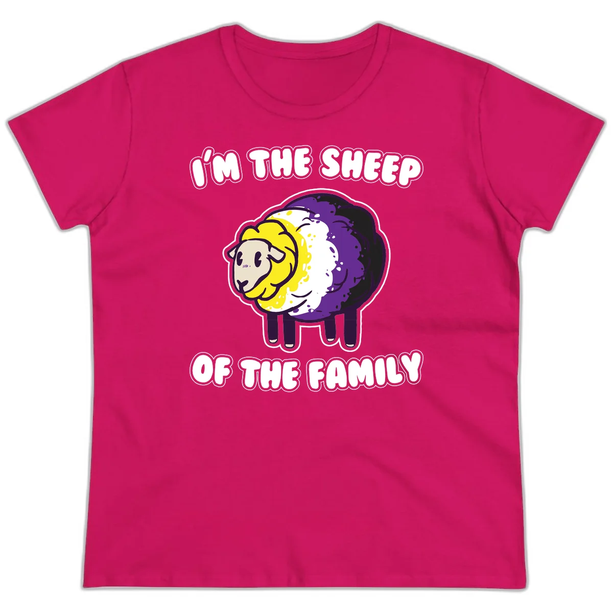Cartoon sheep with yellow, white, and purple wool wearing text 'I'm The Sheep Of The Family' in bold letters in Heliconia