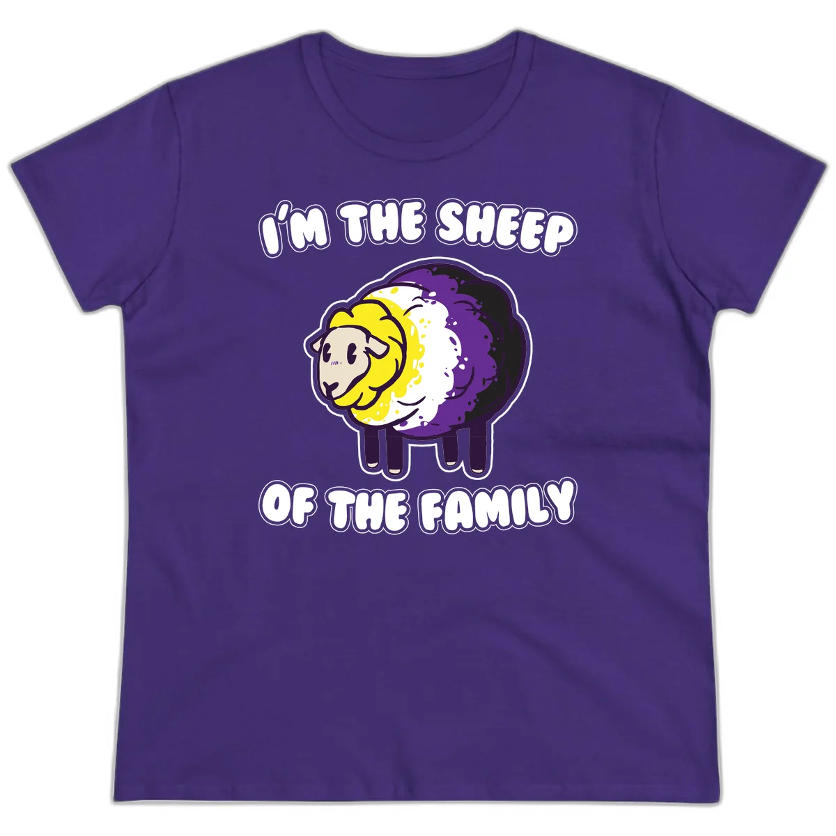 Cartoon sheep with yellow, white, and purple wool wearing text 'I'm The Sheep Of The Family' in bold letters in Purple