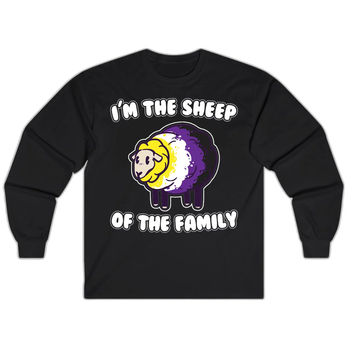 Cartoon sheep with yellow, white, and purple wool wearing text 'I'm The Sheep Of The Family' in bold letters in Black