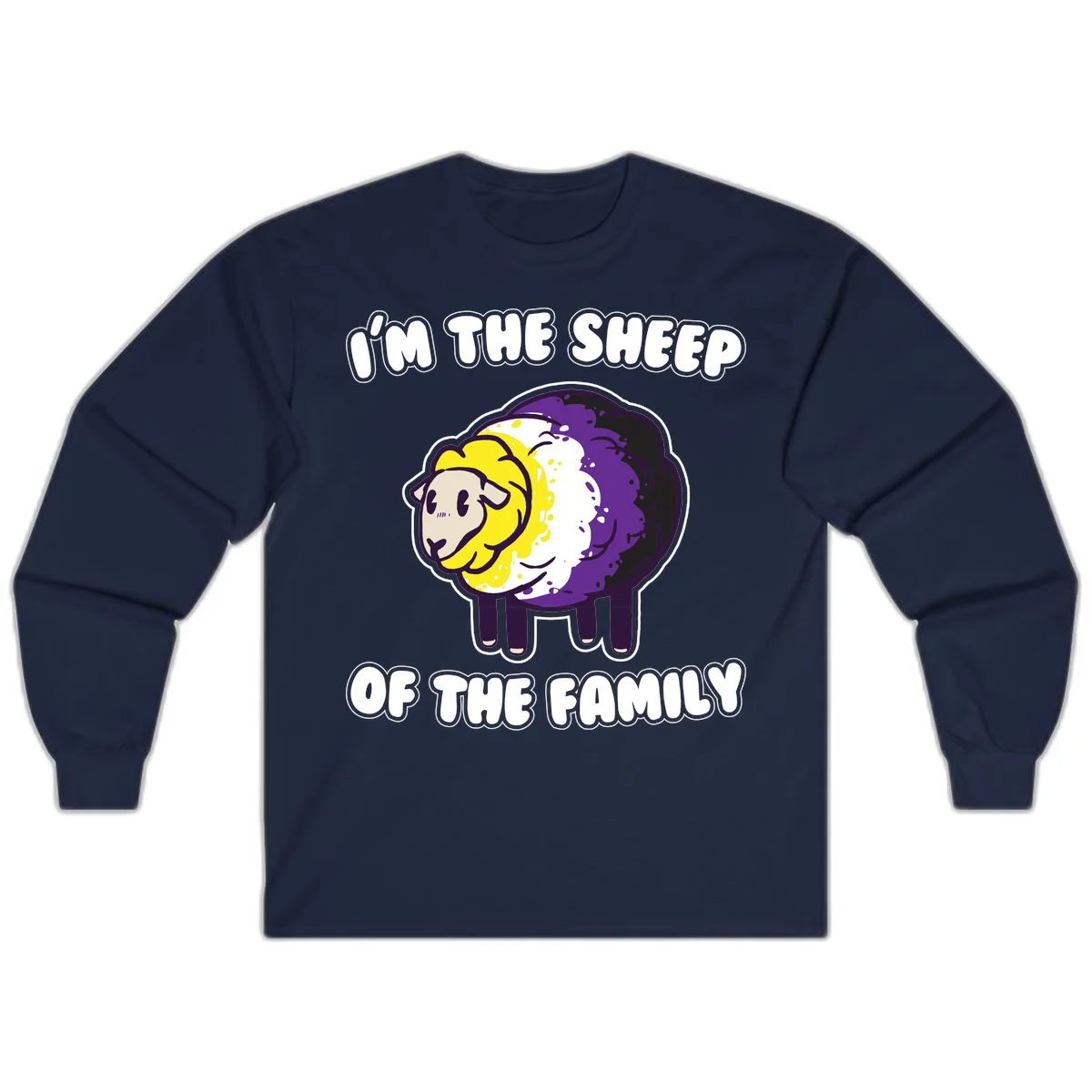 Cartoon sheep with yellow, white, and purple wool wearing text 'I'm The Sheep Of The Family' in bold letters in Navy