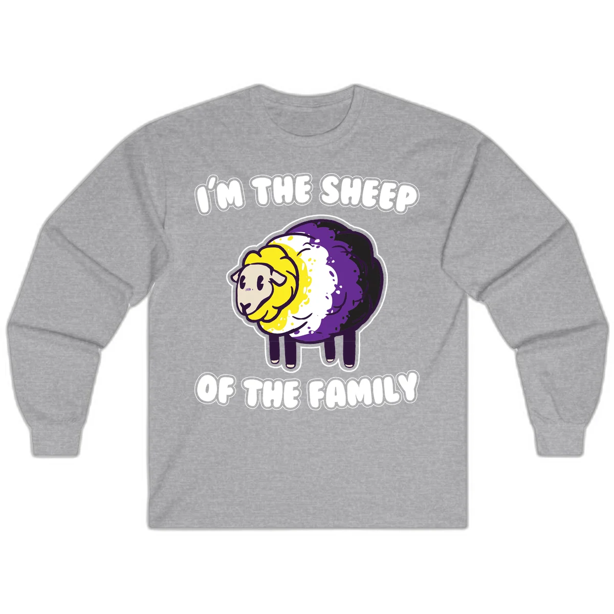 Cartoon sheep with yellow, white, and purple wool wearing text 'I'm The Sheep Of The Family' in bold letters in Sport Grey