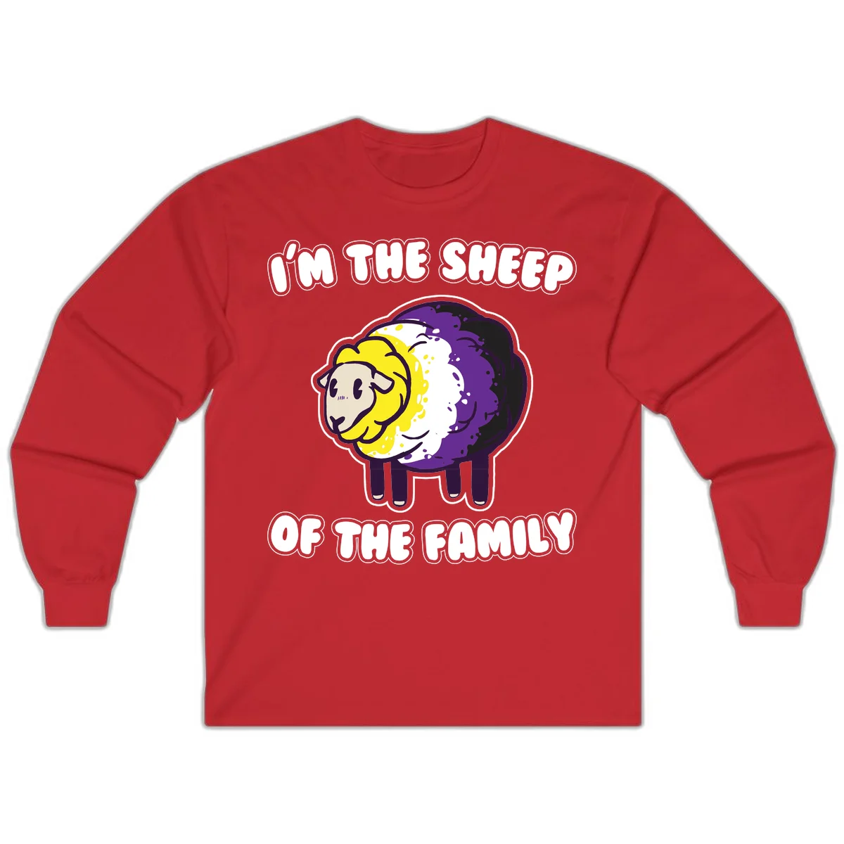 Cartoon sheep with yellow, white, and purple wool wearing text 'I'm The Sheep Of The Family' in bold letters in Red