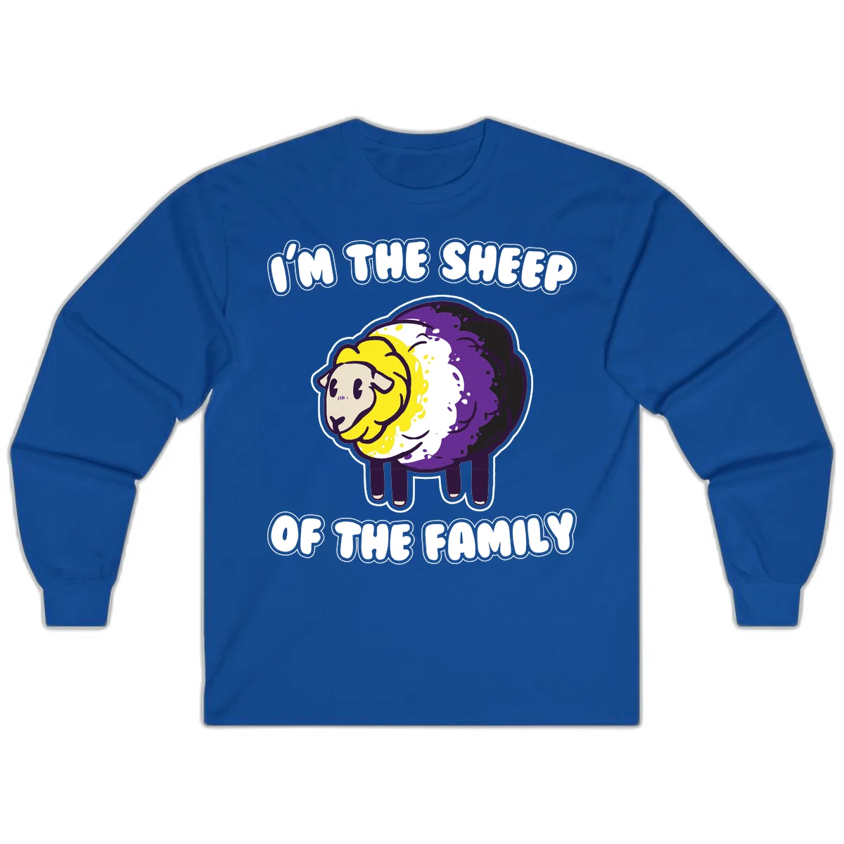 Cartoon sheep with yellow, white, and purple wool wearing text 'I'm The Sheep Of The Family' in bold letters in Royal