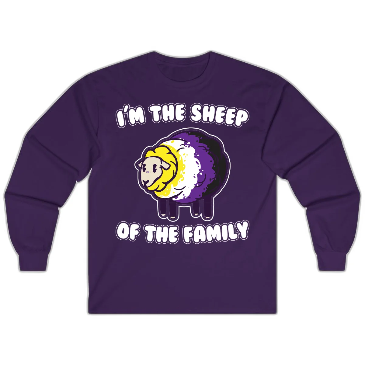 Cartoon sheep with yellow, white, and purple wool wearing text 'I'm The Sheep Of The Family' in bold letters in Purple