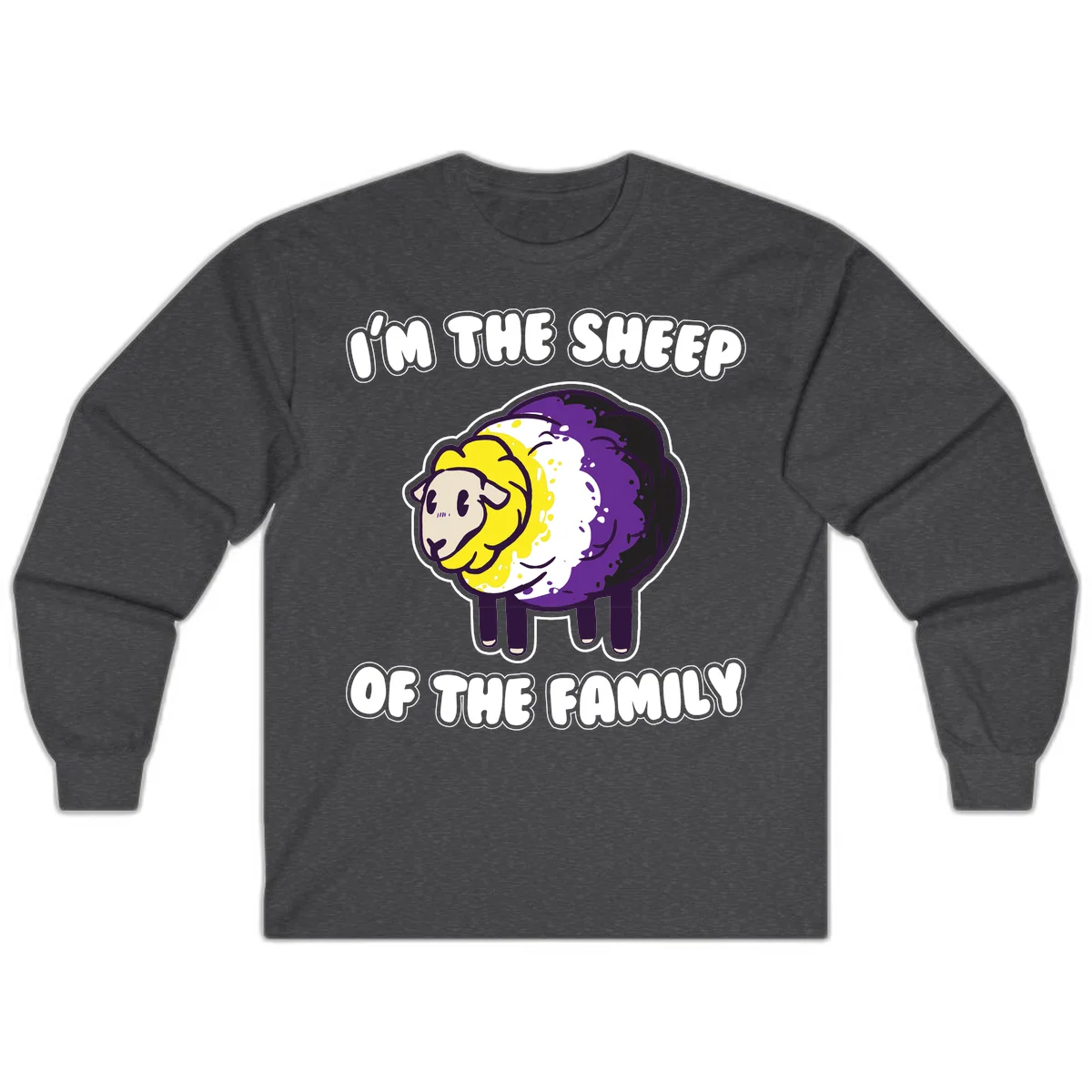 Cartoon sheep with yellow, white, and purple wool wearing text 'I'm The Sheep Of The Family' in bold letters in Dark Heather