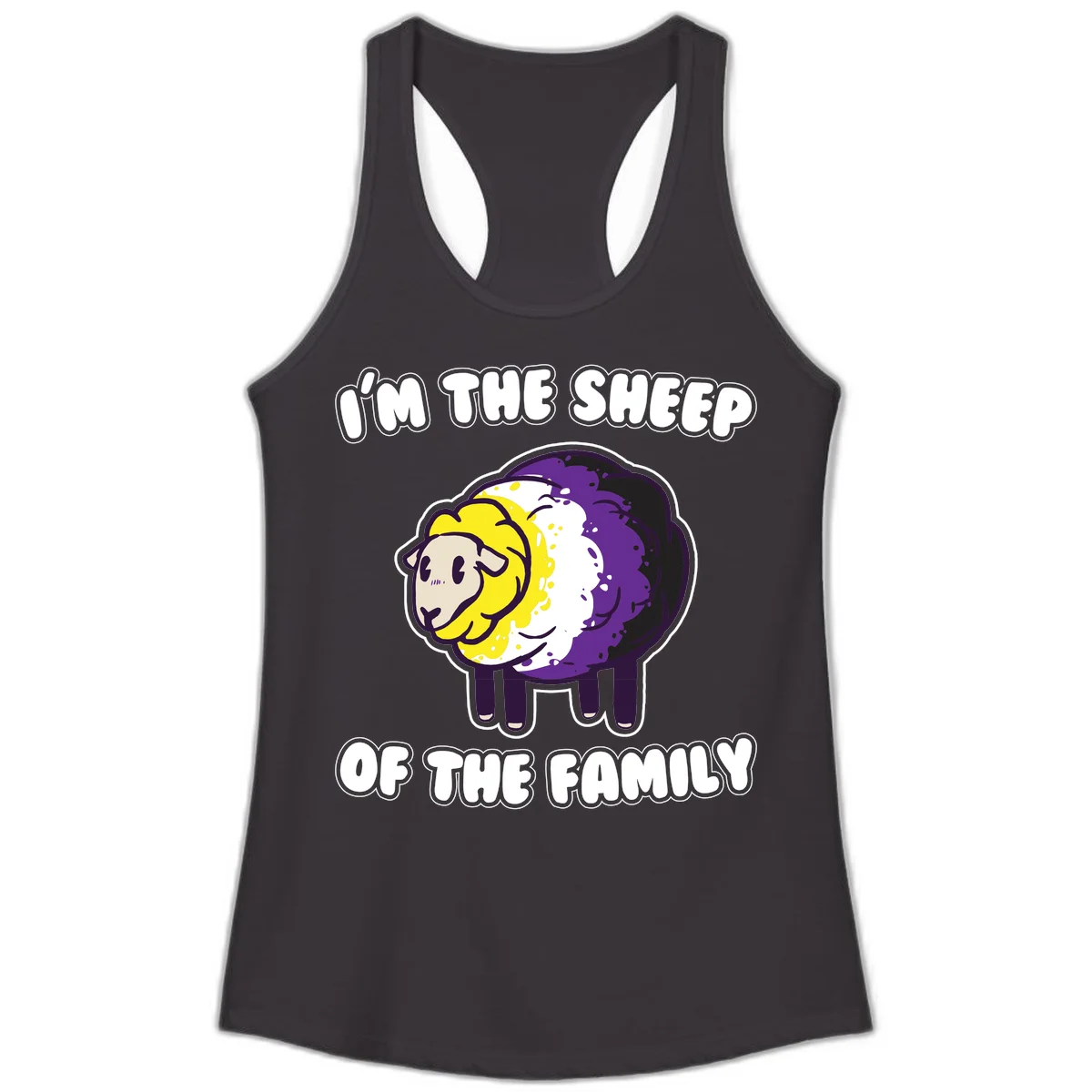 Cartoon sheep with yellow, white, and purple wool wearing text 'I'm The Sheep Of The Family' in bold letters in Black