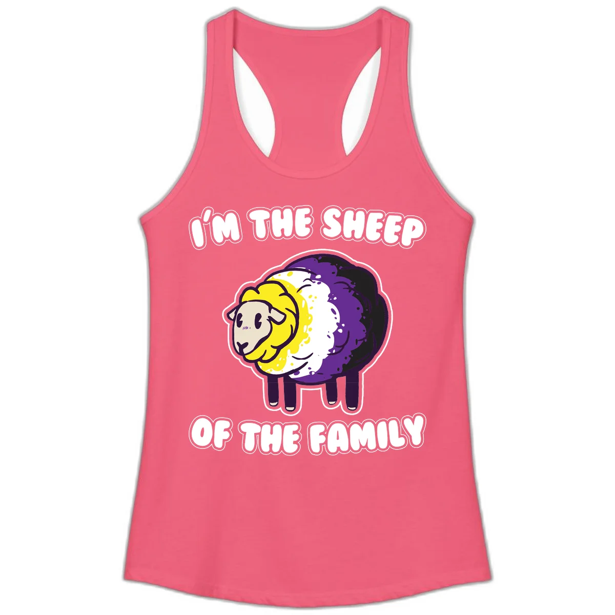 Cartoon sheep with yellow, white, and purple wool wearing text 'I'm The Sheep Of The Family' in bold letters in Hot Pink
