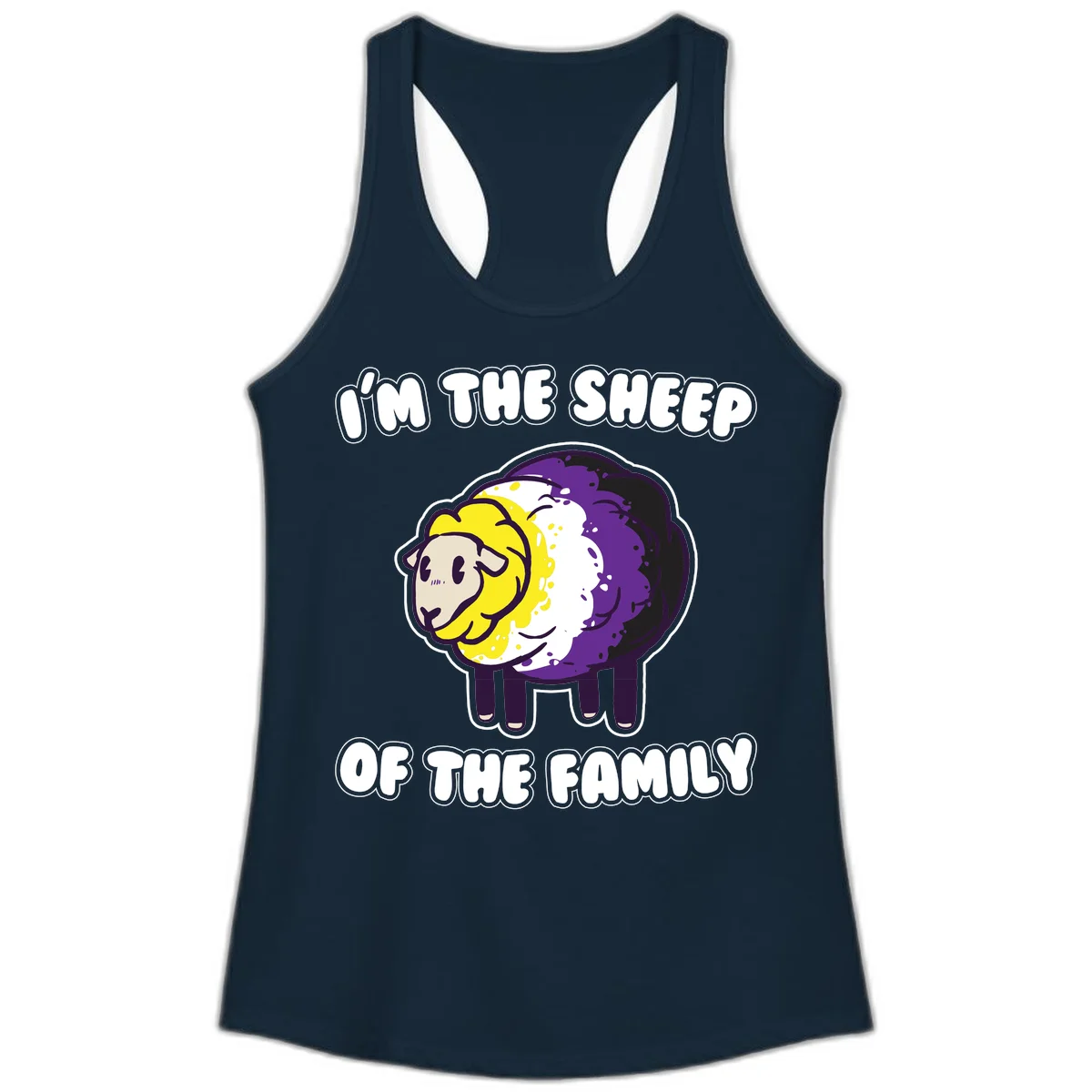 Cartoon sheep with yellow, white, and purple wool wearing text 'I'm The Sheep Of The Family' in bold letters in Solid Midnight Navy