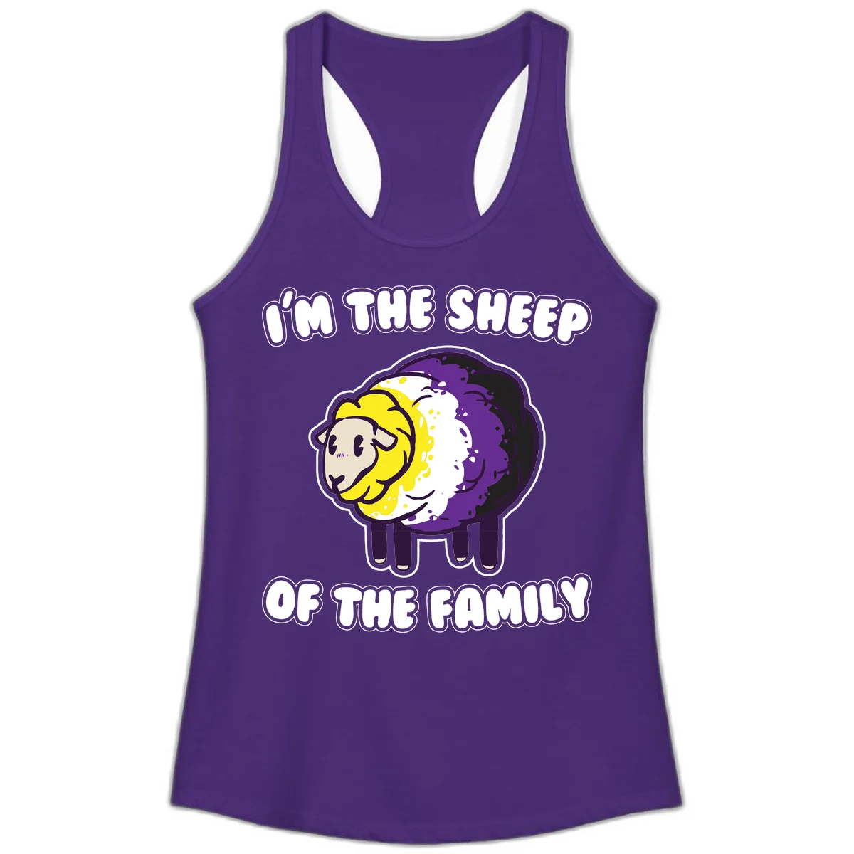 Cartoon sheep with yellow, white, and purple wool wearing text 'I'm The Sheep Of The Family' in bold letters in Solid Purple Rush