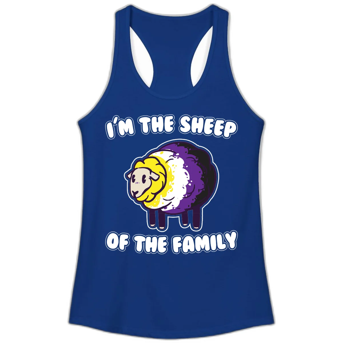 Cartoon sheep with yellow, white, and purple wool wearing text 'I'm The Sheep Of The Family' in bold letters in Solid Royal