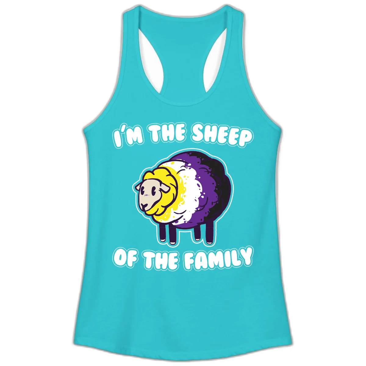 Cartoon sheep with yellow, white, and purple wool wearing text 'I'm The Sheep Of The Family' in bold letters in Solid Tahiti Blue