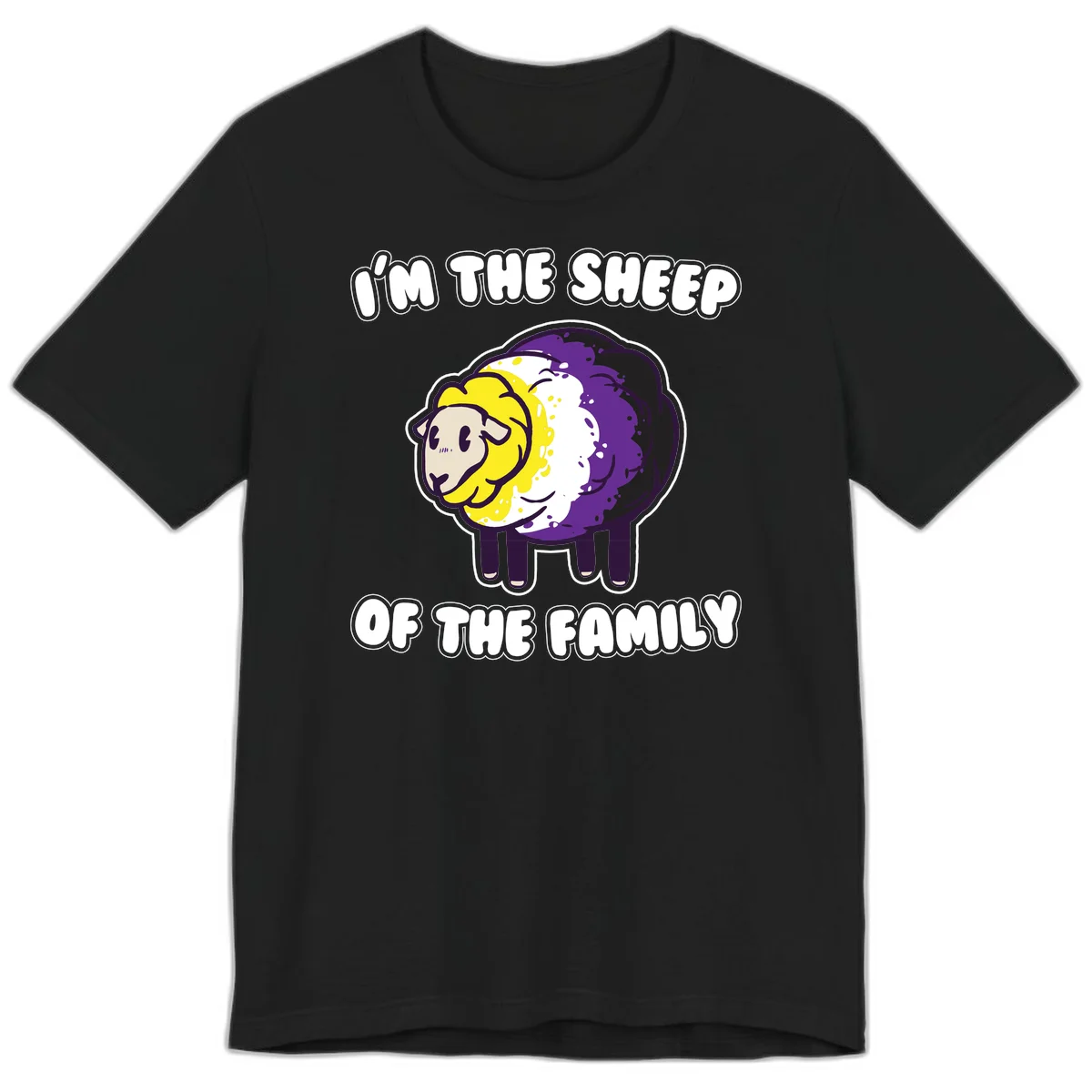 Cartoon sheep with yellow, white, and purple wool wearing text 'I'm The Sheep Of The Family' in bold letters in Black