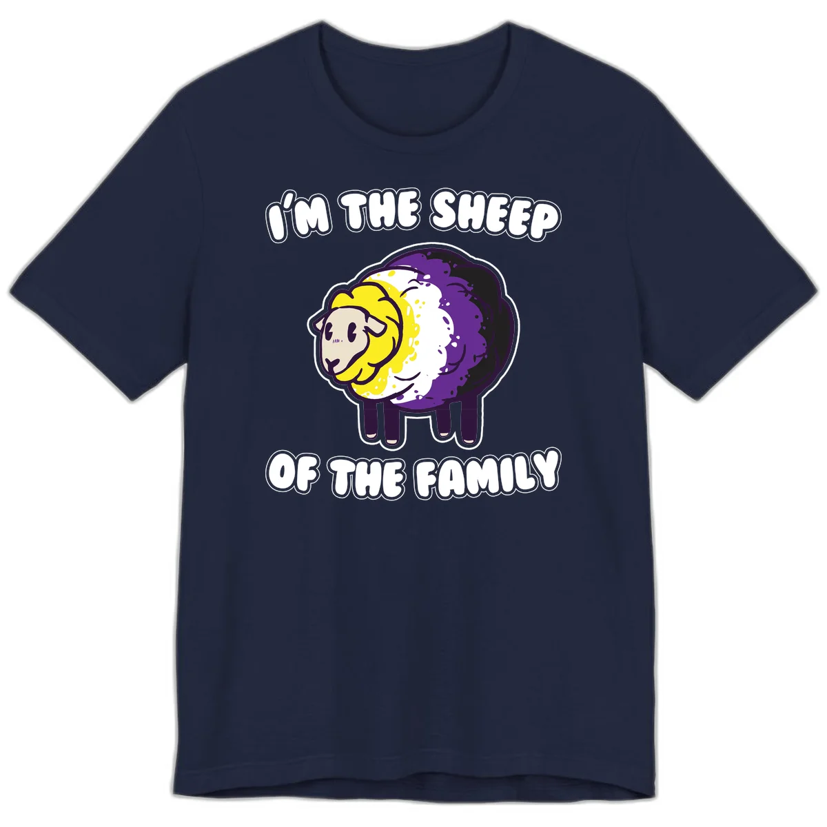 Cartoon sheep with yellow, white, and purple wool wearing text 'I'm The Sheep Of The Family' in bold letters in Navy