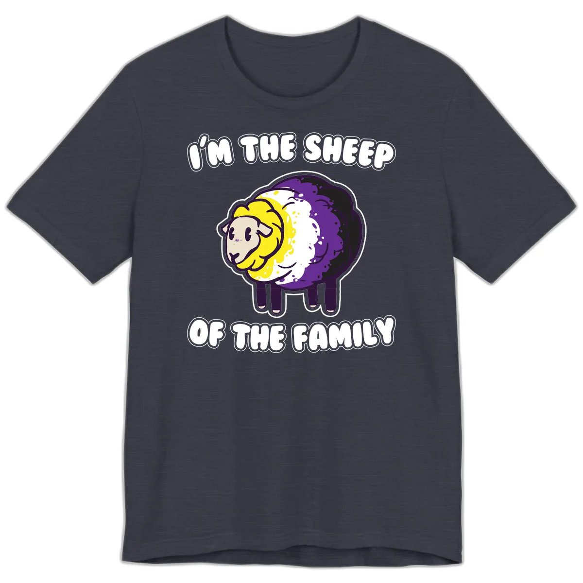 Cartoon sheep with yellow, white, and purple wool wearing text 'I'm The Sheep Of The Family' in bold letters in Heather Midnight Navy