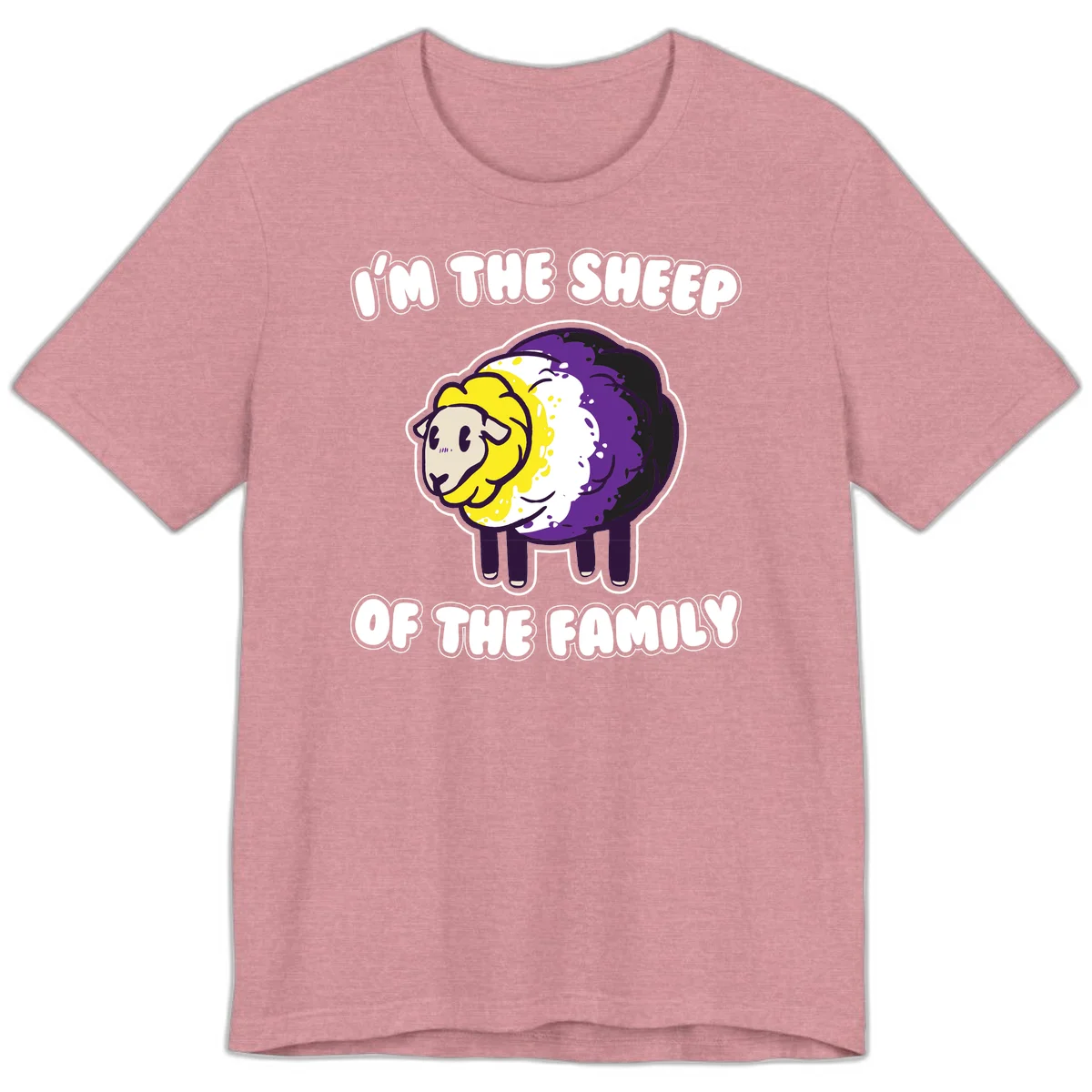 Cartoon sheep with yellow, white, and purple wool wearing text 'I'm The Sheep Of The Family' in bold letters in Heather Orchid