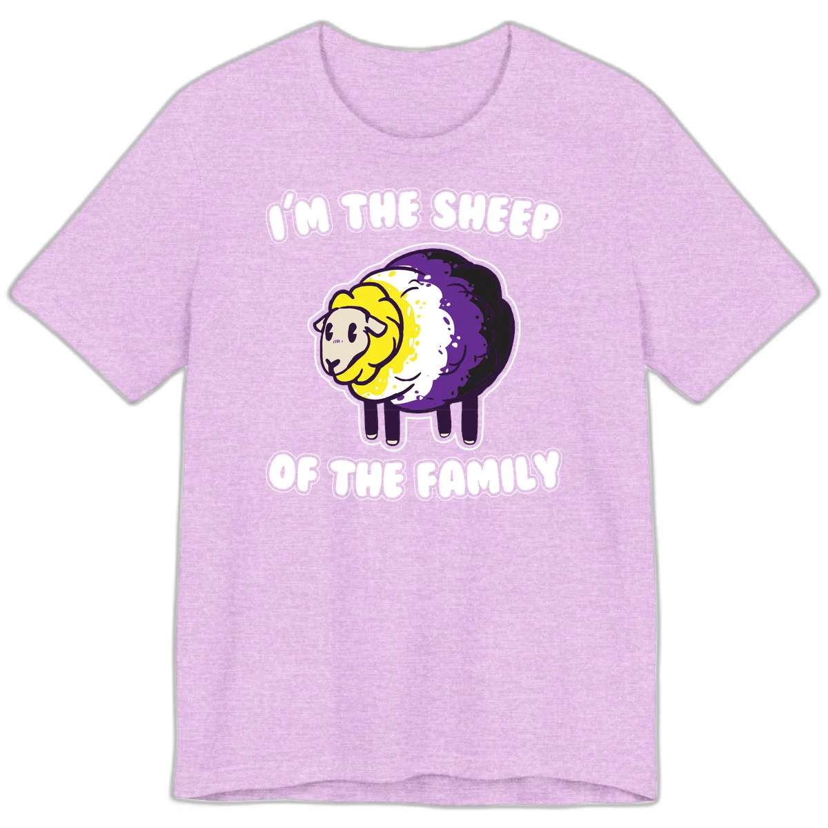 Cartoon sheep with yellow, white, and purple wool wearing text 'I'm The Sheep Of The Family' in bold letters in Heather Prism Lilac