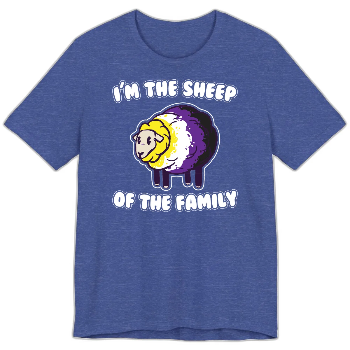 Cartoon sheep with yellow, white, and purple wool wearing text 'I'm The Sheep Of The Family' in bold letters in Heather True Royal