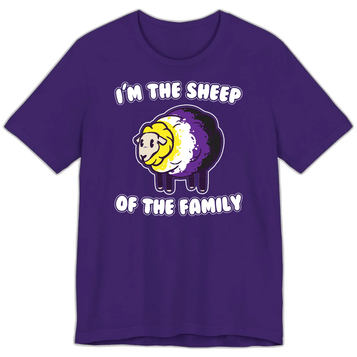 Cartoon sheep with yellow, white, and purple wool wearing text 'I'm The Sheep Of The Family' in bold letters in Team Purple