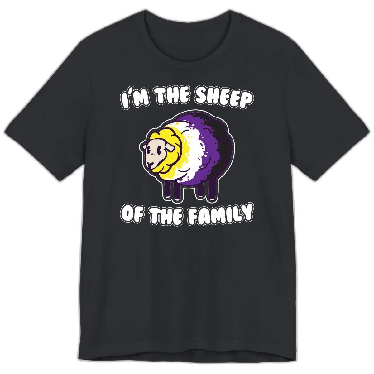 Cartoon sheep with yellow, white, and purple wool wearing text 'I'm The Sheep Of The Family' in bold letters in Vintage Black