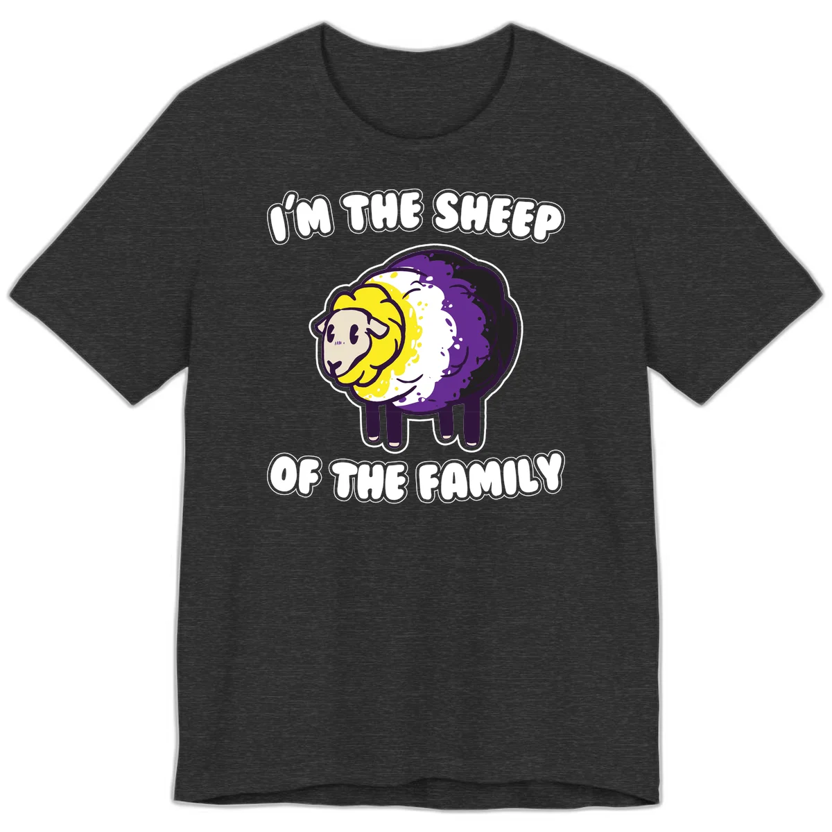 Cartoon sheep with yellow, white, and purple wool wearing text 'I'm The Sheep Of The Family' in bold letters in Dark Grey Heather