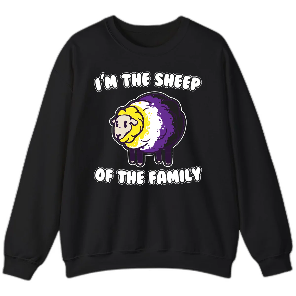 Cartoon sheep with yellow, white, and purple wool wearing text 'I'm The Sheep Of The Family' in bold letters in Black