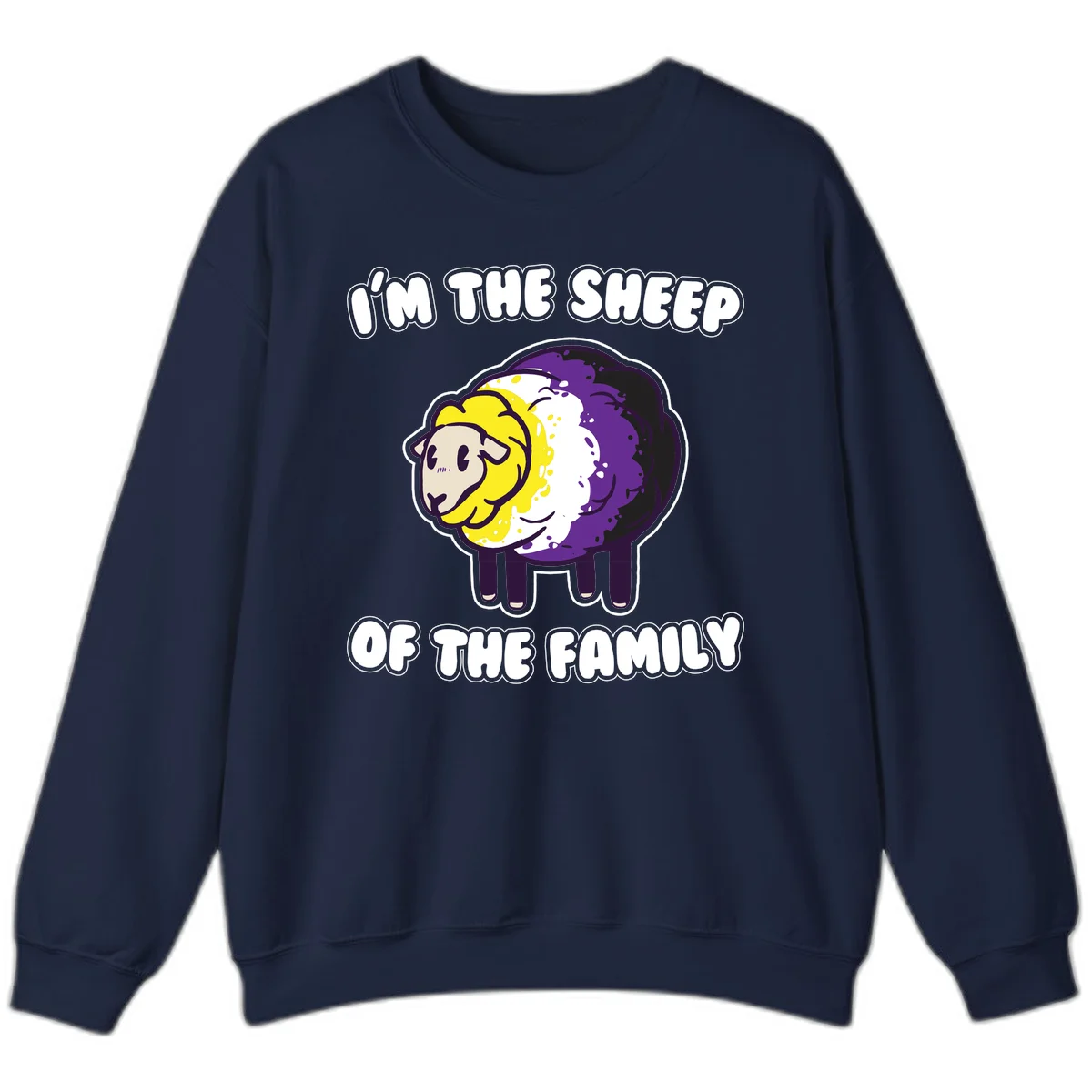 Cartoon sheep with yellow, white, and purple wool wearing text 'I'm The Sheep Of The Family' in bold letters in Navy