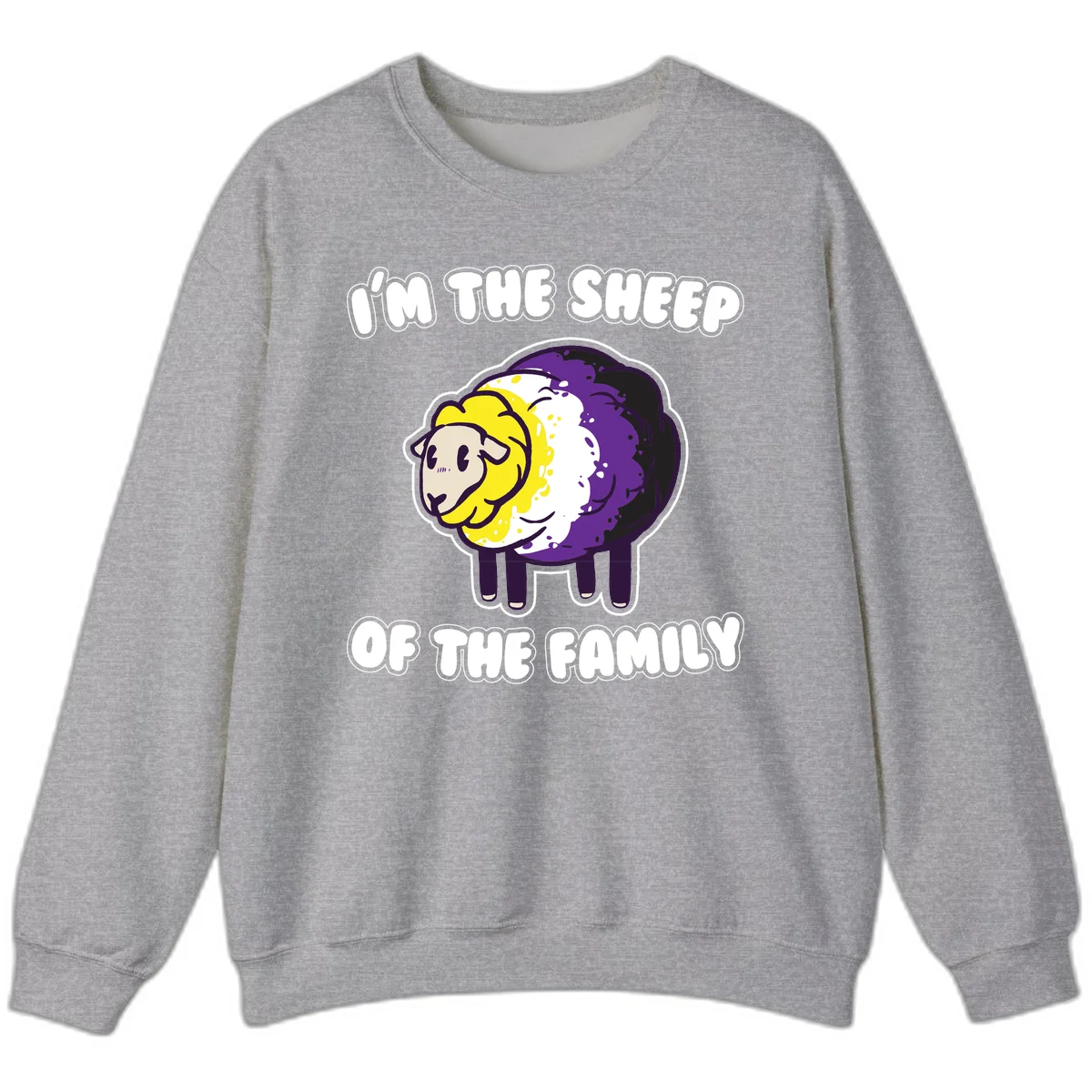 Cartoon sheep with yellow, white, and purple wool wearing text 'I'm The Sheep Of The Family' in bold letters in Sport Grey