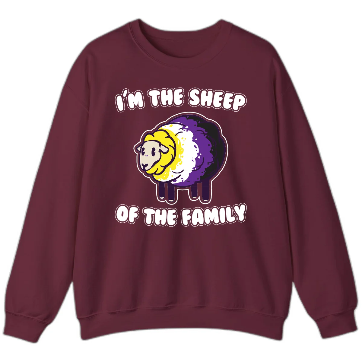 Cartoon sheep with yellow, white, and purple wool wearing text 'I'm The Sheep Of The Family' in bold letters in Maroon